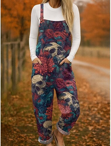 Damen Latzhose Leicht Blumen Ärmellos Ärmellos Weites Bein Rundhals Tasche Urlaub Täglich Lässiger Schnitt Schwarz Weiß Rote Herbst   Damen Latzhose Leicht Blumen Ärmellos Ärmellos Weites Bein Rundhals Tasche Urlaub Täglich Lässiger Schnitt Schwarz Weiß Rote Herbst