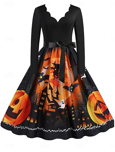  Halloween Жен. Платье средней длины Платье A-силуэта На каждый день Повседневные Праздники Стандартный Тыква Длинный рукав V-образный вырез Желтый Синий Лиловый Оранжевый Лето Весна Осень
