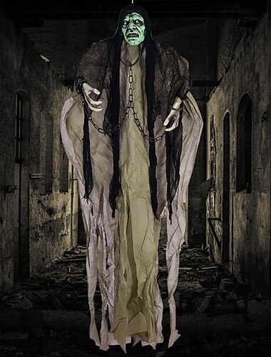  Haunted House Ghost Decoration, Glowing Eyes, Green Head, Gray Clothes - Halloween Party Prop