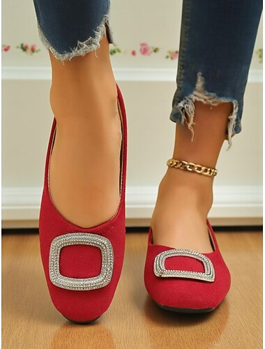  Rote Ballerinas mit Strass-Schnalle für Damen – elegante Slipper mit runder Spitze fürs Büro, den Alltag und die Nachmittagsteeparty