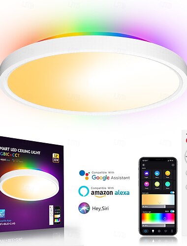  גוף תאורת תקרה חכם RGB LED 2700lm עובד עם Alexa 2700k-6500k גוף תאורה להתקנה שטוחה צבעים DIY WiFi ניתן לעמעום גוף תאורה סביבתי נמוך לחדר שינה, סלון, מסיבה