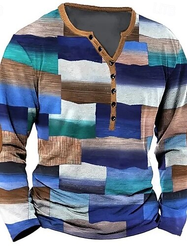  男性用 幾何学模様 パッチワーク Tシャツ ヘンリーシャツ 長袖 ヴィンテージ デザイナー スタイリッシュ アウトドア カジュアル 日常 春夏 オールシーズン グリーン ブルー カーキ色 ヘンリー ヘンリーTシャツ