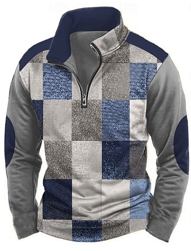  Per uomo Geometrico Plaid Felpa Casual Vintage Retrò Manica Lunga Collo Alto All'aperto Abbigliamento casual alla moda Rosso Blu Cerniera Zip a un quarto Autunno Inverno progettista