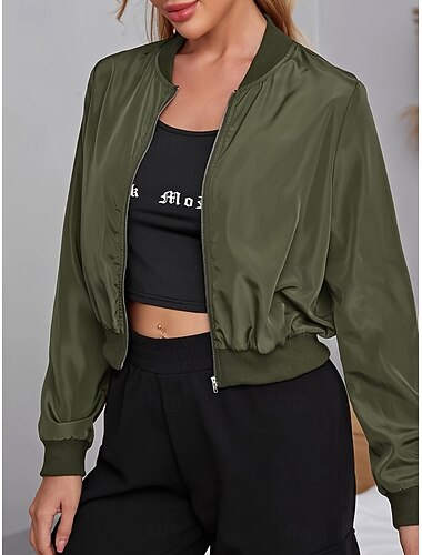  Dámské Letecká bunda Pohodlné Prodyšné Zip Na běžné nošení Bez vzoru Dovolená ulice Ležérní Denní nošení Zip Krátké Stojáček Běžný Dlouhý rukáv Svrchní oděvy Černá Rubínově červená Armádní zelená