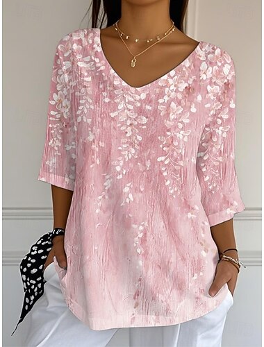  Damen Bluse Blumen Grafik Vintage Tropisch Stilvoll Dreiviertelarm V Ausschnitt Normale Oberteile Täglich Rosa Pudriges Rosa Purpur Sommer Frühling Herbst