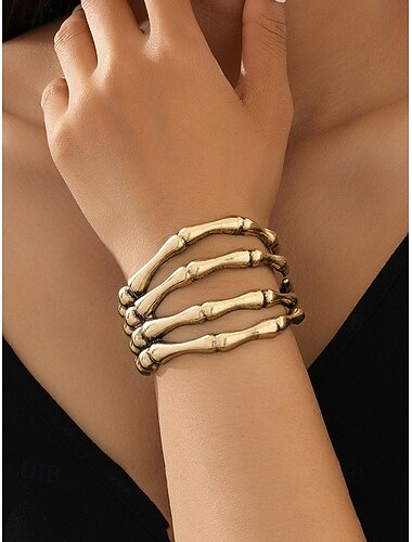  Brazalete de esqueleto de Halloween para mujer: brazalete de aleación gótica de 4 filas con bisagras, envoltura abierta ajustable, joyería de fantasía llamativa para cosplay, fiestas y salidas nocturnas.