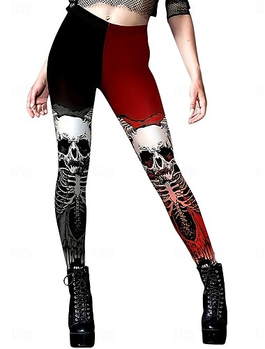  女性用 レギンス 旅行度假风 ヴィンテージ ファッション 全長 ハイウエストPantsHalloween グラフィック カラーブロック スカル プリント ソフト 高通気性 伸縮性あり アウトドア バケーション ストリート クラレット 春 秋 冬 タイト