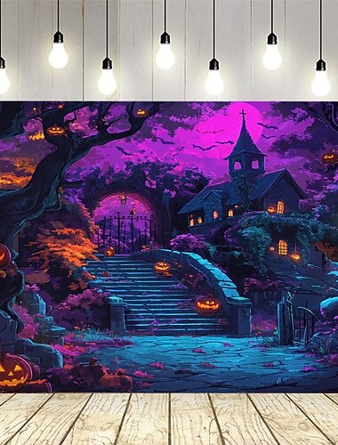  Halloweenský gobelín s motivem strašidelného domu, dýní a netopýrů, strašidelný gotický závěsný tapiserie s úplňkem do obývacího pokoje, ložnice, párty dekorace, strašidelný hrad, děsivá estetika,