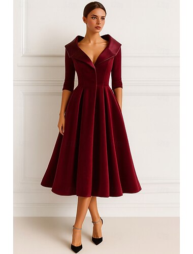  abito da sposa per la madre della sposa in velluto rosso nero con colletto a trapezio, elegante, vintage, lunghezza tè, manica lunga, arricciato, tinta unita 2025