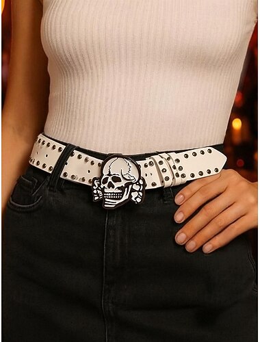  Halloween-schedelriem voor dames - punkrock-imitatieleren tailleriem met studs en skeletgesp voor kostuumfeesten en gothic-outfits