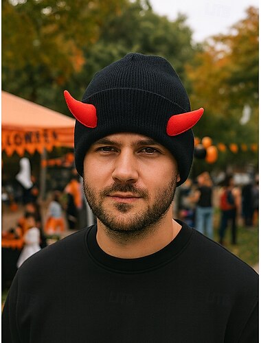  unisex halloween duivelshoorn muts – gebreide warme schedelmuts met 3D hoorns voor mannen en vrouwen, cosplay feestkostuum en buitenkleding