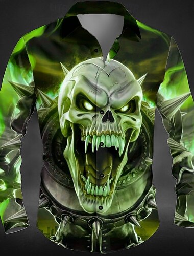  Férfi Koponya Neon Világító Jelmez Ing Gombos Ing Hosszú Ujjú Sötét Punk Goth Stílus Kültéri Ünnep Nyár Tavasz Felelős 3D Nyomtatott Galléros Ing Piros Kék Zöld