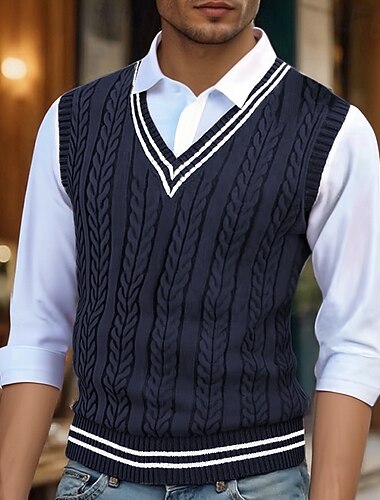  Herren Pullunder Kleid Pullover Pullover Weste Strickpullover Gerippt Zopfmuster Stricken Normale Oberteile Gestrickt Farbblock V Ausschnitt Mode Lässig Urlaub Alltagskleidung Bekleidung Herbst Winter