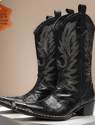  Botas vaqueras negras para hombre con hojas bordadas: botas altas de piel de vaca de primera calidad para eventos de música country, rodeos y fiestas vintage.
