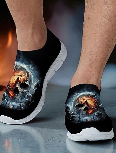  Zapatillas sin cordones para hombre con estampado de calavera de la Parca: zapatos casuales con temática de Halloween para fiestas, cosplay y ropa urbana.