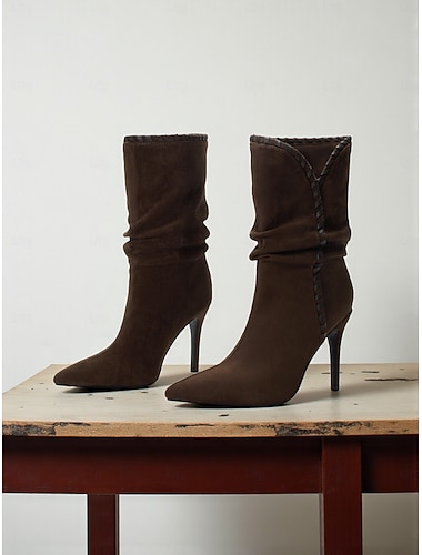 stivaletti alla caviglia da donna con punta a punta e stiletto color moka con dettagli intrecciati, stivali eleganti in stile urban chic per donna, perfetti per outfit cittadini casual e alla moda