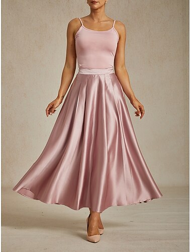  Mujer Falda Elegante Vintage Moda Maxi Media cintura Faldas Frunce Plisado Bolsillo Microelástico Nochevieja Ropa de fiesta de noche Rosa Primavera Seda como el satén