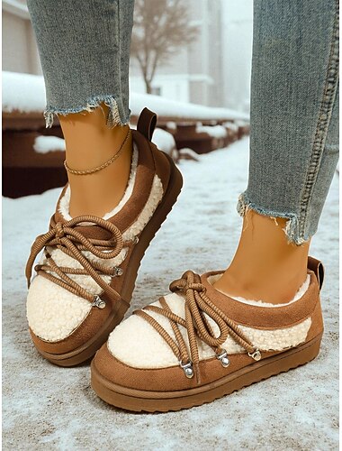  Sapatos femininos de camurça sintética marrom com cadarço e forro de lã – sapatilhas casuais de inverno confortáveis para atividades ao ar livre, viagens e clima frio