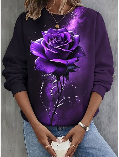 Damen Pullover Grafik Rose Lässig Langarm Rundhals Regelmäßige Oberteile Street Casual Feiertagsdruck Blau Lila Frühling Herbst Winter   Damen Pullover Grafik Rose Lässig Langarm Rundhals Regelmäßige Oberteile Street Casual Feiertagsdruck Blau Lila Frühling Herbst Winter