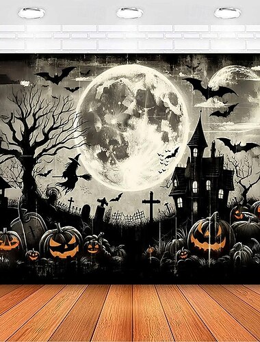  Halloweenské nástěnné gobelíny – strašidelný dům s úplňkem, létající čarodějnicí, netopýry, hřbitovem a zářícími dýňemi, černobílá gotická nástěnná dekorace na párty a do domácnosti