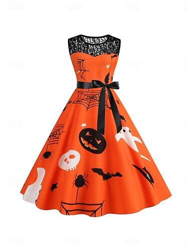  Halloween Жен. Платье средней длины Платье A-силуэта На каждый день Повседневные Праздники Стандартный Тыква Летучая мышь Без рукавов Вырез под горло Черный Темно-красный Красный Оранжевый