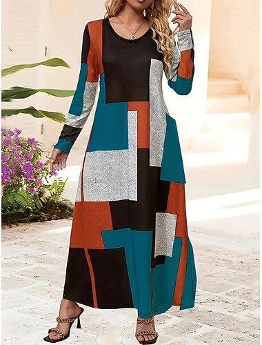  Per donna Abito maxi Abito a trapezio Abito Estivo Vacanza Casual Quotidiano Vestibilità regolare Grafico Geometrico Astratto Manica Lunga Girocollo Giallo Blu Primavera Autunno Inverno