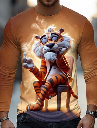  Miesten Tiikeri 3D Hauska T-paita Pitkähihainen T-paita 3D-tulostus Tiukka pyöreä kaula-aukko Paita Muoti Perus Katu Kausaliteetti Päivittäin Tumman ruskea Ruskea Kesä Kevät Vaatetus S M L XL XXL XXXL