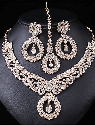  Smykke Sett 3 Gull Rhinstein Chrome Øredobber Halskjeder Dame Elegant Årgang Mote Gammeldags stil Klassisk Smykkesett Til Bryllup Fest Bryllupsgjest