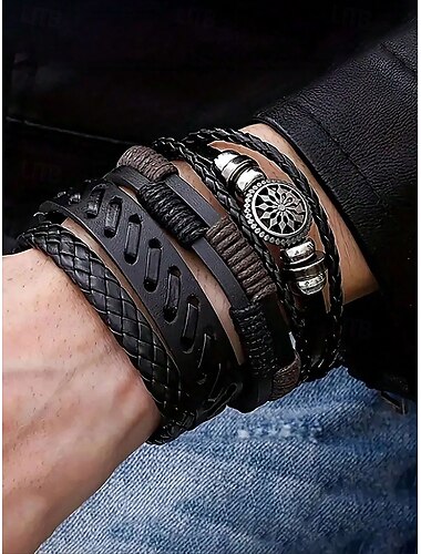  Set di braccialetti in pelle multistrato in stile vichingo da uomo - polsino intrecciato vintage con ciondoli dorati, perfetto per abbigliamento casual, regali e accessori street style