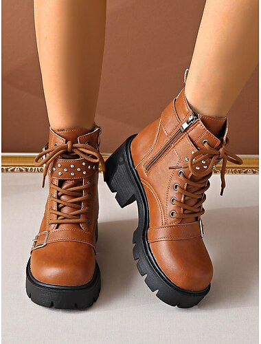 Mulheres Botas Coturnos Diário Botas Botas Tornozelo Cadarço Salto Robusto Ponta Redonda Casual Couro Sintético zíper Castanho Claro Preto Cinzento   Mulheres Botas Coturnos Diário Botas Botas Tornozelo Cadarço Salto Robusto Ponta Redonda Casual Couro Sintético zíper Castanho Claro Preto Cinzento