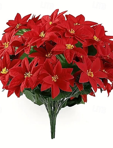  2 bunter julestjerne med 7 røde kunstige julestjerneblomster og grønne plastblader til hjemmedekor, spisebord, bryllup, juletre og utstilling året rundt