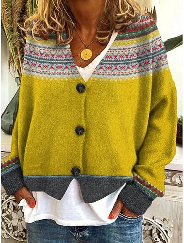  Per donna Felpa Cardigan Elegante Moda Streetwear Grafico Geometrico Scollo a V Bottoni Lavorato a maglia Stampato Manica Lunga Top Regolari Maglia All'aperto Quotidiano Weekend Giallo Blu marino