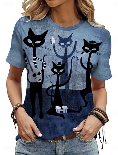  Damen T Shirt Grafik Tiermotiv Katze Vintage Stilvoll Klassisch Kurzarm Rundhalsausschnitt Rundhals Normale Oberteile Täglich Wochenende Druck Staubiges Blau Sommer Frühling Herbst