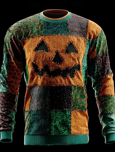  Halloween Hombre Bloque de color Suéter de punto Prendas de punto Cuello redondo Casual Vacaciones Diario Festival Retazos Impresión 3D Mantiene abrigado Manga Larga Primavera Otoño Invierno Amarillo