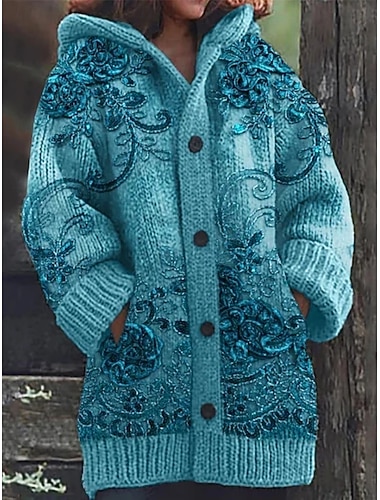  Femmes Cardigan Vacances Quotidien Fleuri Côtelé À capuche Tricoté Imprimé Poche Avant manche longue Hauts Réguliers Tricoter Extérieur Quotidien Fête Bleu Violet Automne Hiver