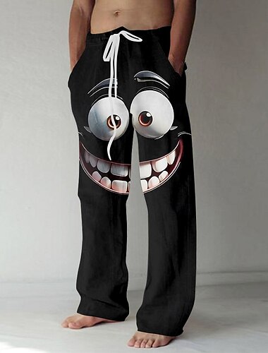  Herren 3D Zeichentrick Lächelndes Gesicht Große Augen Hose Freizeithose Baggy-Hosen Mittlere Taille Lustig Outdoor Urlaub Elastischer Kordelzug in der Taille Leinenähnliche Hose mit Taschen Sommer