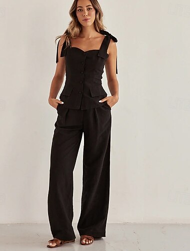  Pantaloni eleganti da donna in 100% cotone, alla moda, da giorno, senza maniche, con cinturino, tinta unita, con lacci e fiocco, casual, da giorno, neri, estivi, vestibilità ampia
