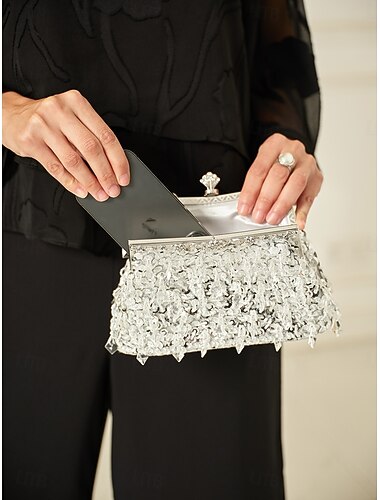  Γυναικεία ασημένια τσάντα clutch με κρυστάλλινες χάντρες, τρισδιάστατα διακοσμημένη με μεταλλικό σκελετό για βραδινό πάρτι, λαμπερή δήλωση για γάμους και κοκτέιλ