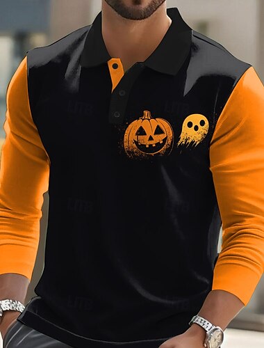  Halloween Муж. Тыква Призрак Поло Длинный рукав Футболки поло Лацкан На каждый день Для улицы Одежда для спорта и отдыха На каждый день Фестивальный наряд 3D печать Пуговицы Весна Осень Зима