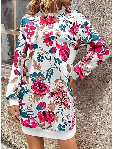  Mujer Mini vestido Vestido de Suéter Vestido de cambio Vacaciones Casual Boho Exterior Ajuste regular Floral Graphic Manga Larga Cuello redondo Rojo negro Rosa Otoño Invierno