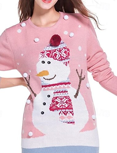  女性用 ニット プルオーバー カジュアル 雪だるま リブ クルーネック ニット プリント 長袖 レギュラートップス ニット クリスマス 日常 祝日 ピンク 冬