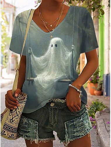  ウィメンズ T シャツ ゴースト グラフィック ヴィンテージ スタイリッシュ クラシック 半袖 V ネック レギュラー トップス デイリープリント レッド グリーン 夏 春
