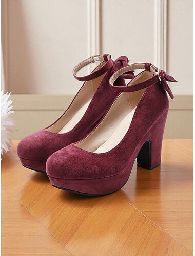  Burgundy Mary Jane-hakken met strik voor dames - Retro chique suède schoenen met blokhak uit de jaren 50 voor feestjes, kantoor en dagelijks gebruik