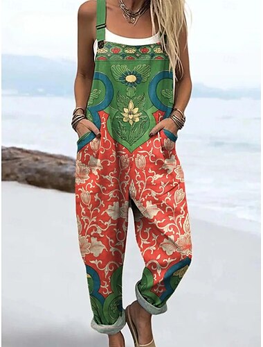  100% Baumwolle Damen Latzhose aktiv geblümt ärmellos gerader quadratischer Ausschnitt Tasche Urlaub täglich lockere Passform orange grün beige Sommer