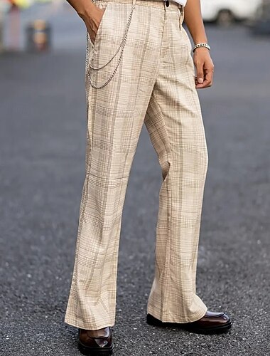  Herren Anzughose Hose Chinos Tasche Knöpfe Karomuster Komfort Formell Party Arbeit Mode Klassicher Stil Khaki Mikroelastisch