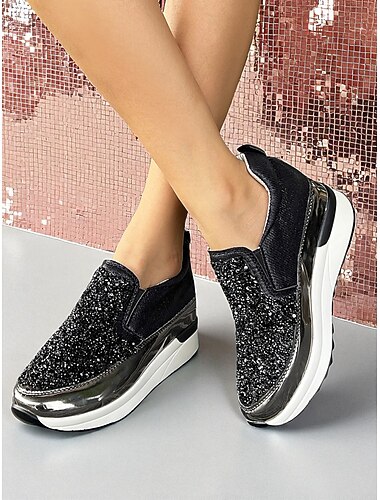  Γυναικεία μαύρα sneakers με glitter και μεταλλικές λεπτομέρειες - κομψά sneakers πλατφόρμας, ιδανικά για πάρτι νυχτερινής διασκέδασης και χαλαρές εξόδους