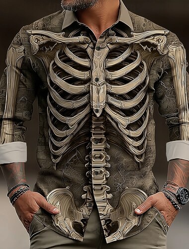  Halloween Per uomo Illusione ottica Scheletro Camicia Camicia con Bottoni Manica Lunga Gotico punk oscuro All'aperto Ferie Estate Primavera Collo ripiegato Stampa 3D camicie con colletto Marrone