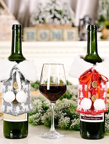  2 szt. świątecznych pokrowców na butelki wina, białe kołnierzyki z nadrukiem z juty, rustykalne dekoracje na butelki wina