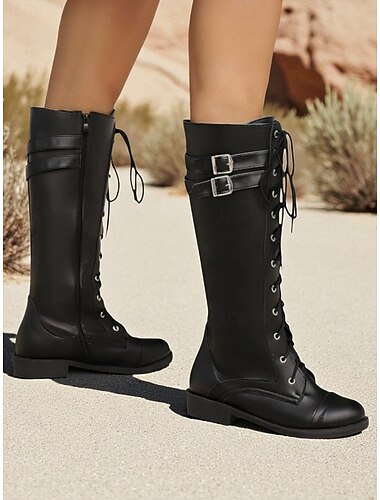  Bottes d'équitation marron à lacets jusqu'aux genoux pour femmes – similicuir avec sangles à boucle pour une tenue décontractée et de voyage