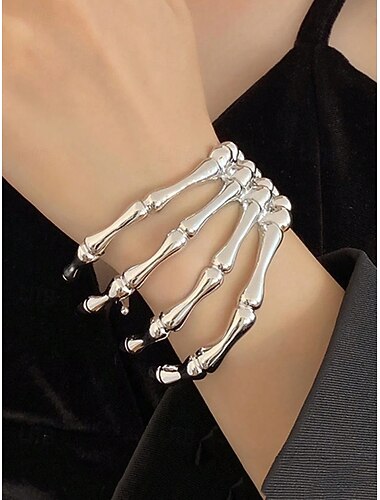  Halloween skeletbotten armband voor dames – 4-rijige gotische legering scharnierende armband, verstelbare open wikkel, opvallende kostuumsieraden voor cosplay, feesten en uitgaan